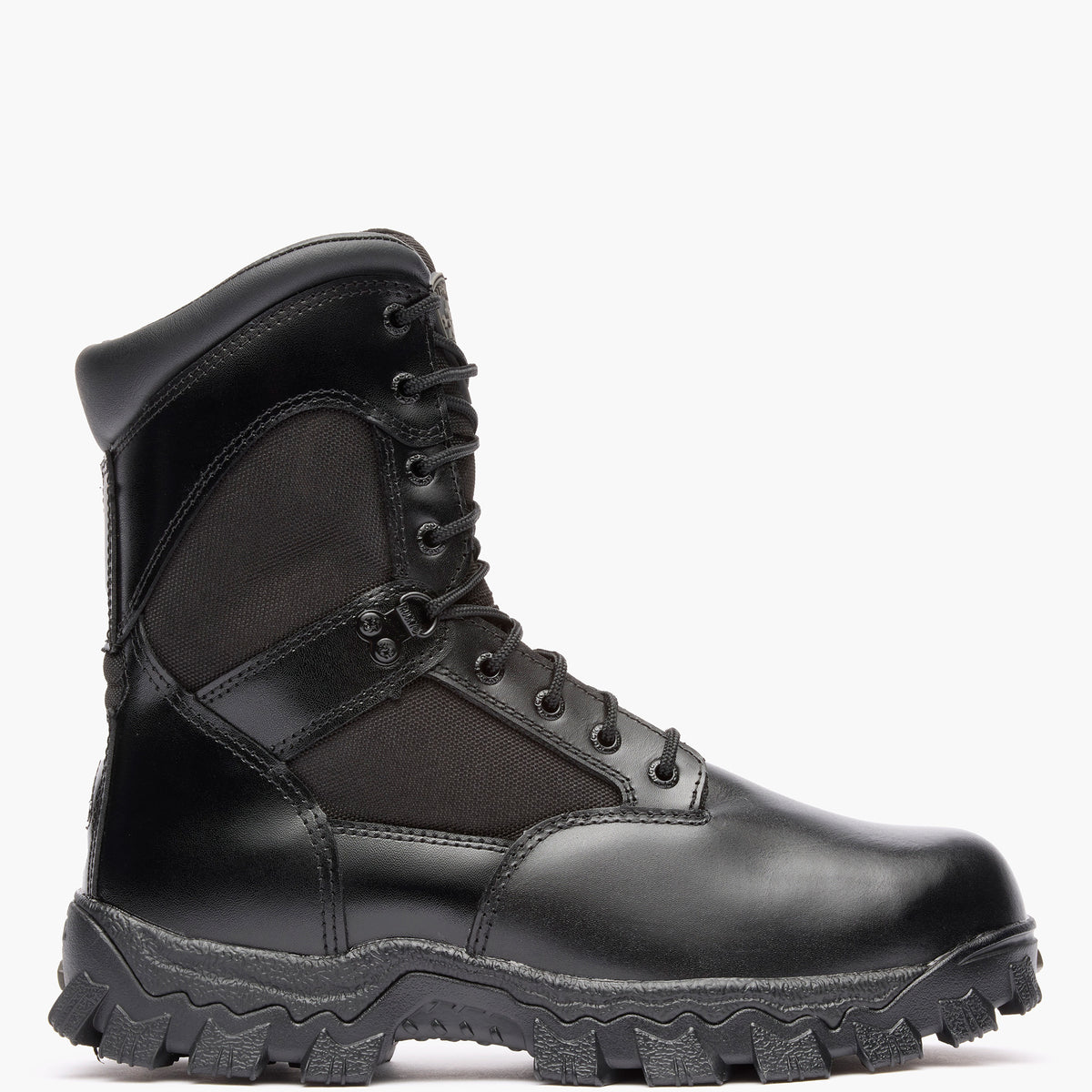 Black tactical boot on a white background