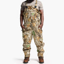 Person wearing camouflage overalls on a white background