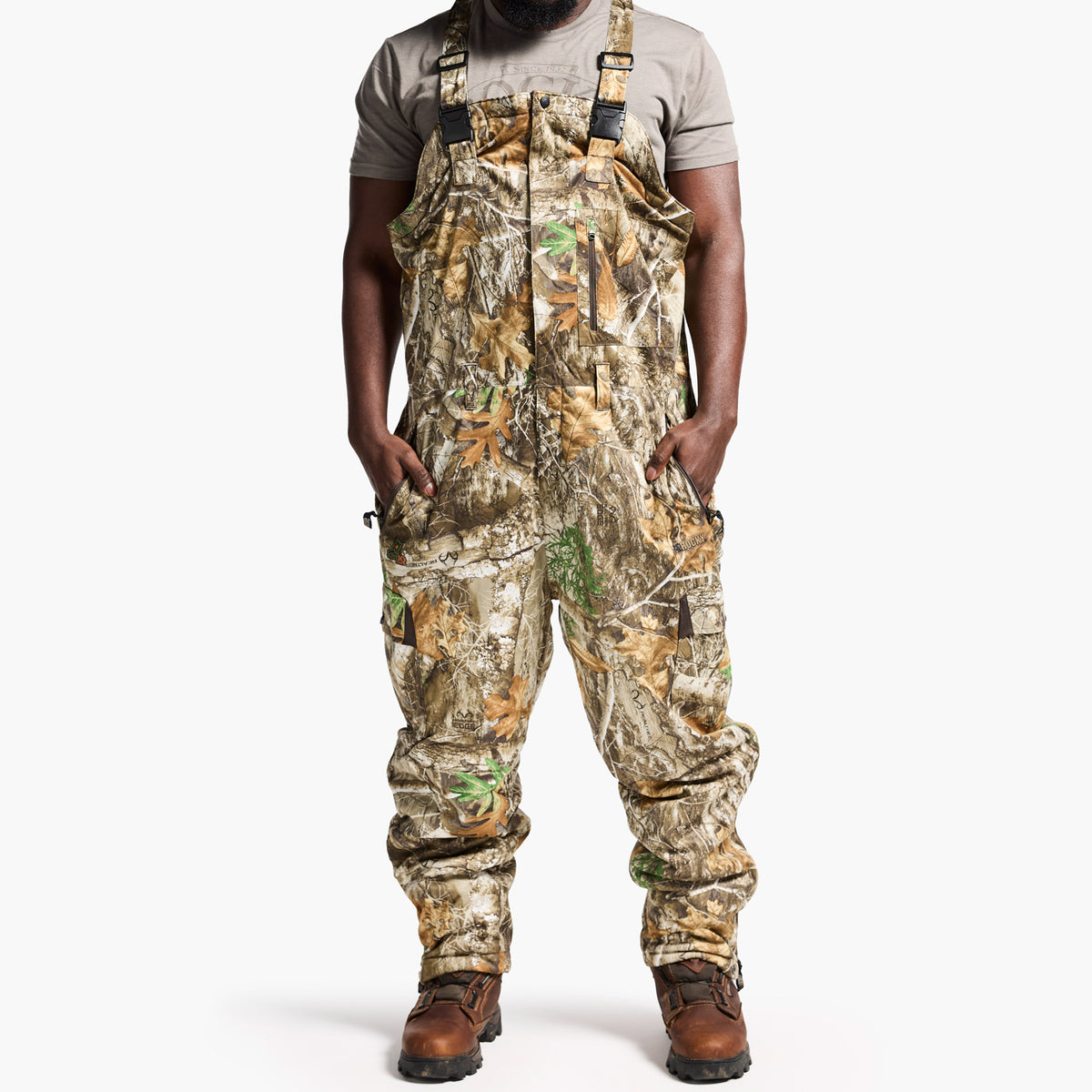 Person wearing camouflage overalls on a white background