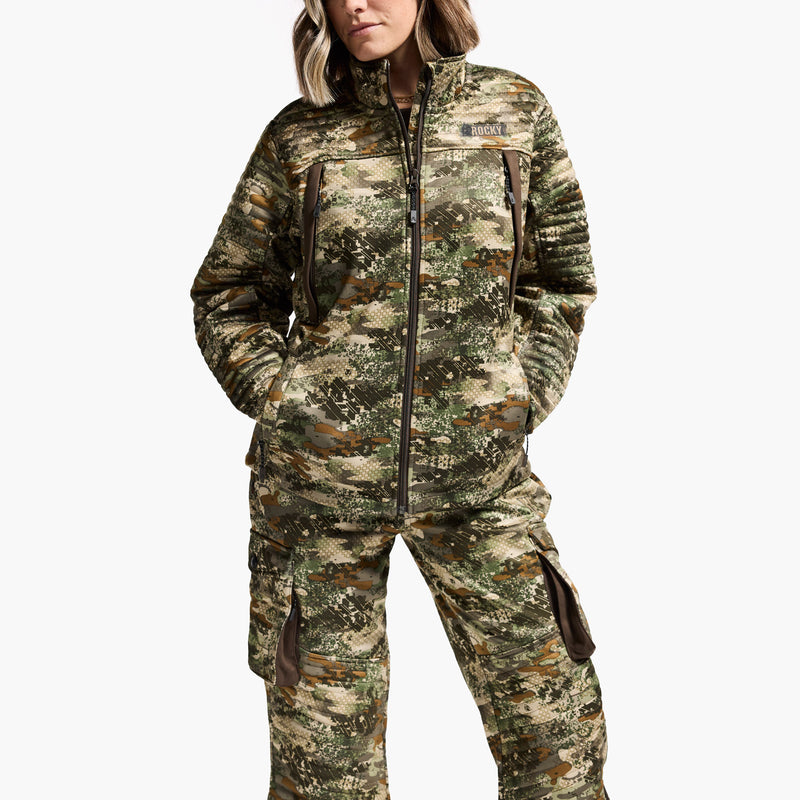 Person wearing a camouflage snowsuit on a white background