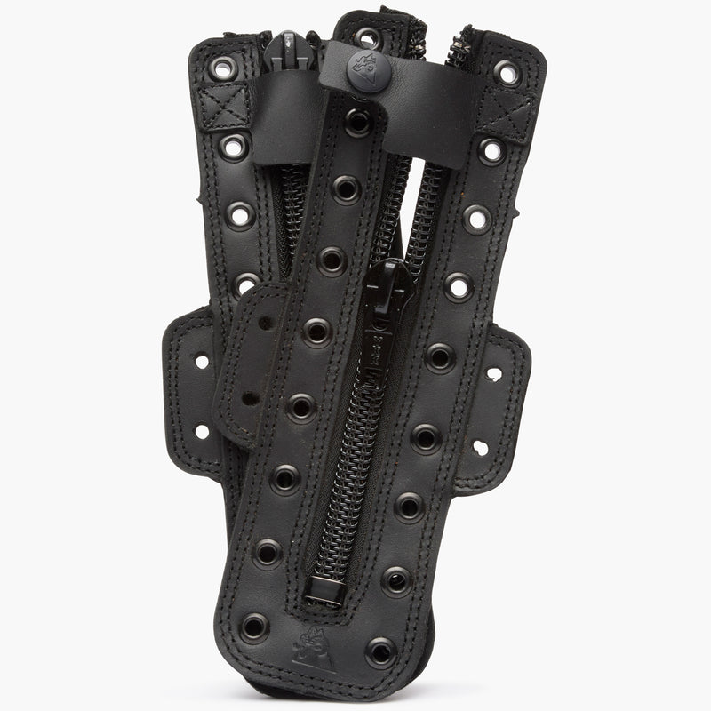 Black leather holster with multiple pouches on a white background
