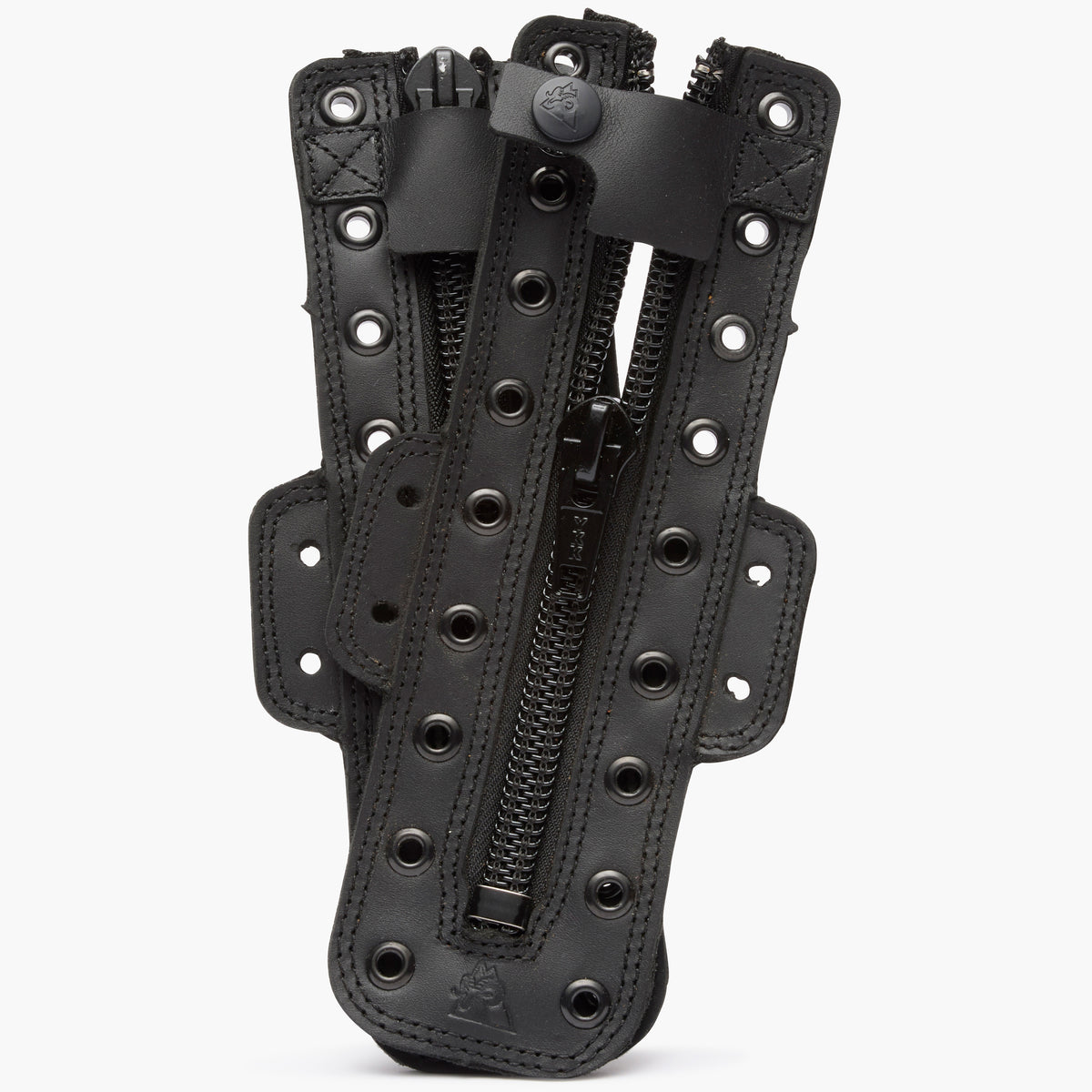 Black leather holster with multiple pouches on a white background