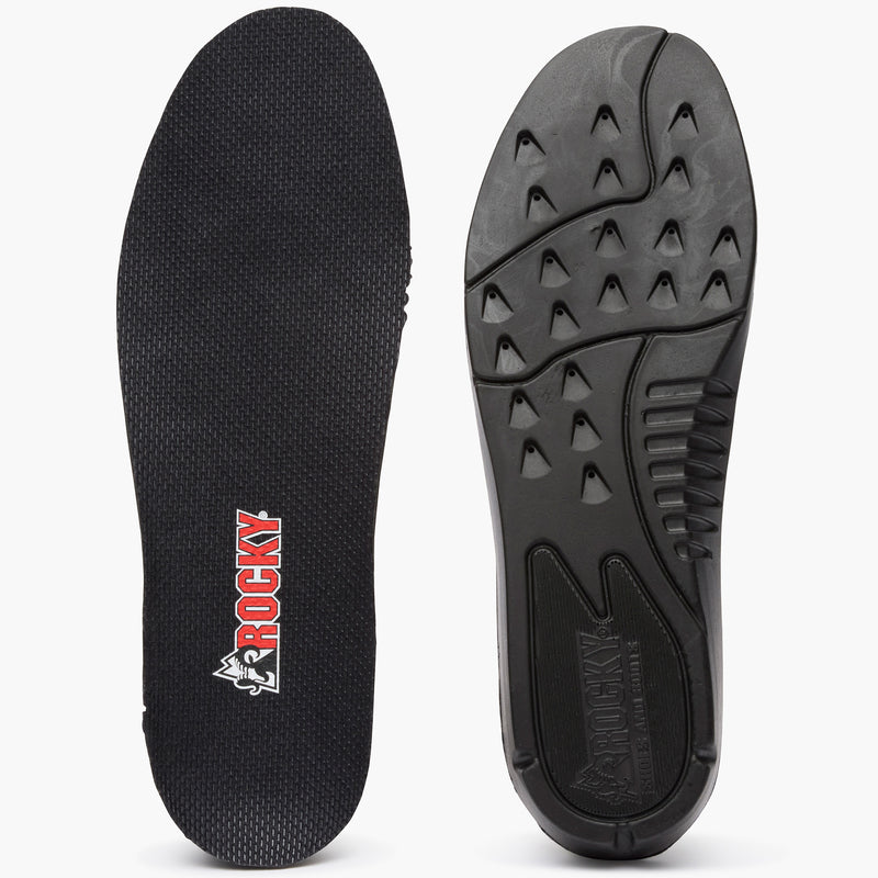 Black shoe insole with Rocky logo on a white background