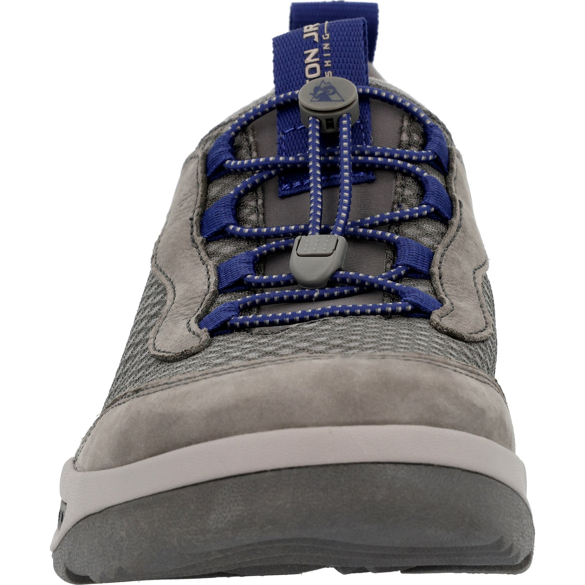 Gray shoe with blue laces on a white background