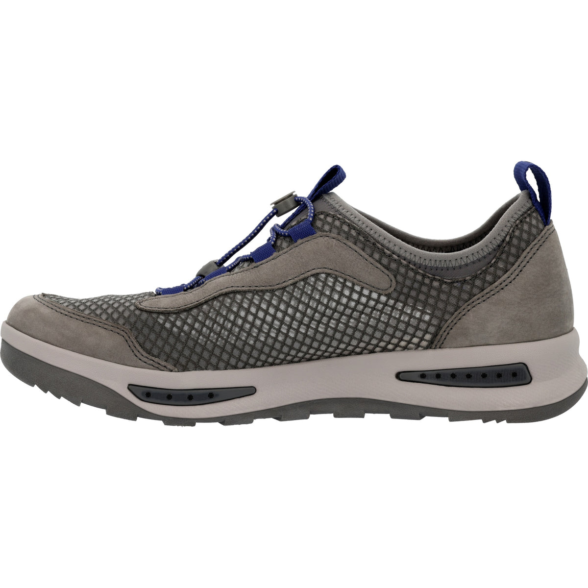 Gray athletic shoe with blue laces on a white background